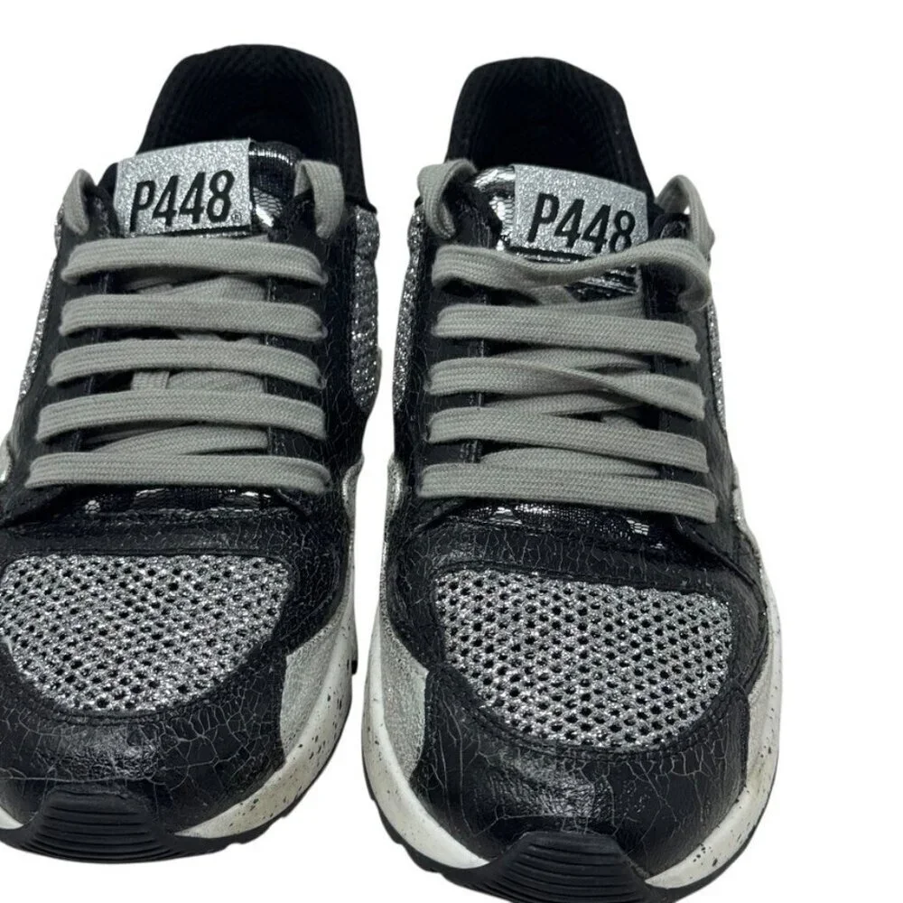 P448 Women’s Size 37 Black Silver Glitter Mesh Chunky Sneakers